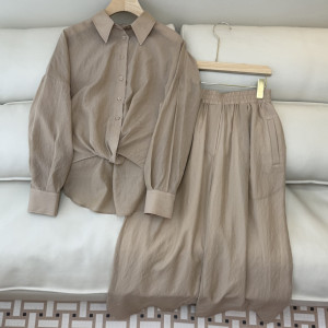 베이지 린넨 셔츠 스커트 세트